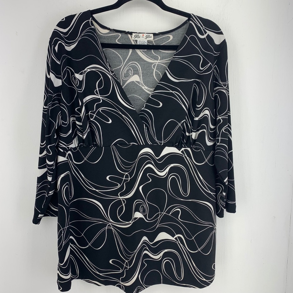 Ilu-Ilu Womens XL Black White Stretch Abstract Mod Retro Y2K‎ Tunic Top Art Deco